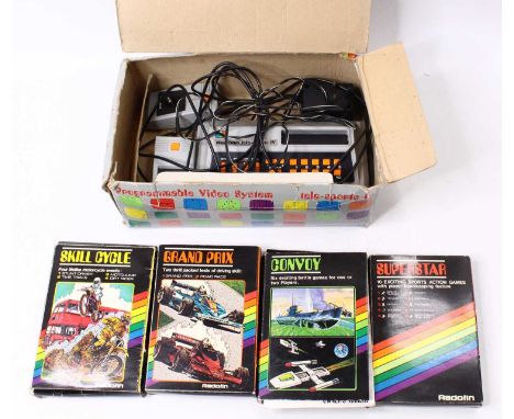 Radofin Programable video system containing the console, 2 controllers, and the power cable, together with 4 games to include
