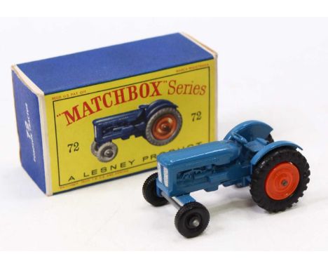 Matchbox Lesney No.72 Fordson Major Tractor comprising a blue body with orange rear hubs and black rubber tyres, housed in a 