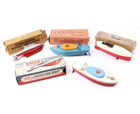 Sutcliffe boat group of 4 boxed examples to include; Speedboat Racer 1 in red white and light blue body, Unda Wunda Sub-marin