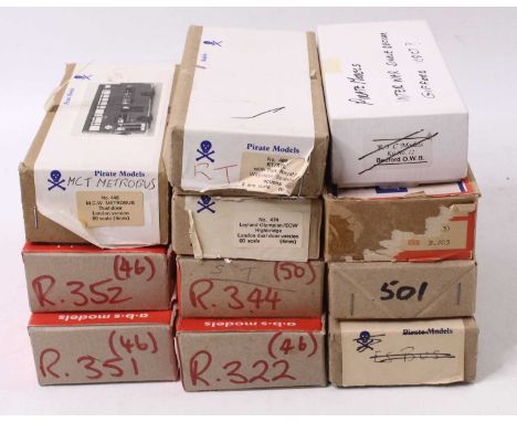 11 1:76 scale white metal kits for buses, all by Pirate Models, and ABS to include an interwar single decker, an M.C.W Metrob