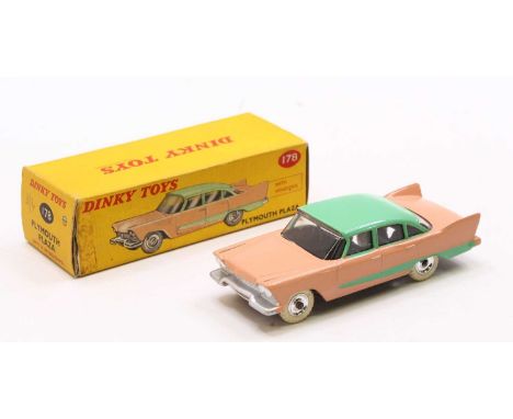 Dinky Toys, 178 Plymouth Plaza, light pink body with light green roof and side flash, spun hubs with white tyres, clear windo