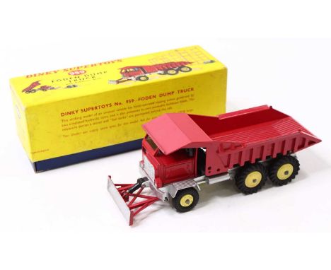 Dinky Toys, 959, Foden Dump Truck with Bulldozer, deep red body and back, with silver chassis and silver blade, light yellow 