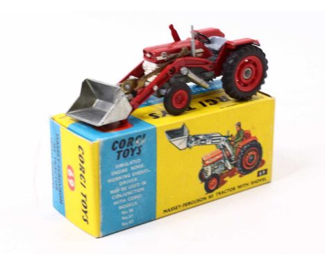Corgi Toys, 69, Massey Ferguson 165 Tractor with shovel, red body with grey/white parts, housed in the original blue and yell