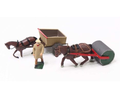 Britains group of 2 loose to include; a brown horse with a grey and green roller, a brown horse with a tan cart, and a figure