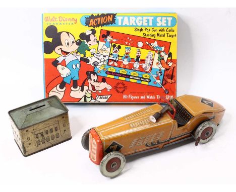 A tray containing A Wells or Mettoy large-scale British tinplate clockwork racing car comprising of an orange, red and black 