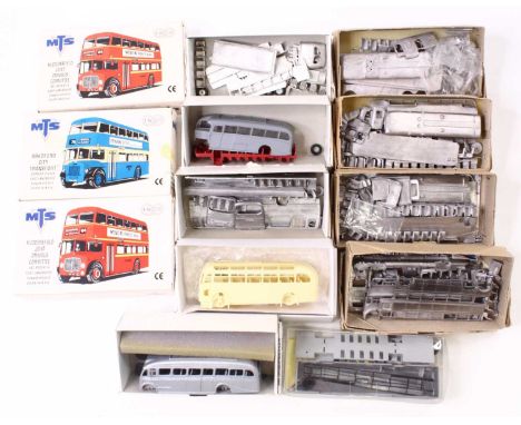 13 1:76 scale white metal and resin kits for buses, by various manufacturers, with prototypes including an AEC regent V, a Be