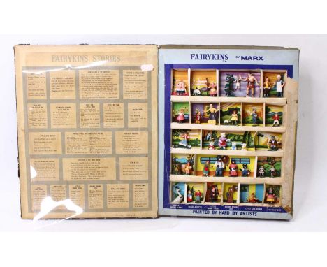 Marx Fairykins Nursery Rhyme Themed plastic hand painted Miniatures, displayed within a "Book-type" display case including Hu