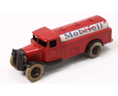 Dinky Toys pre-war No. 25D petrol tank wagon, comprising of red body with black open chassis, with black hubs and white tyres