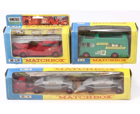 Matchbox group of 3 to include; No.K-15 Merryweather Fire Engine, No.K-5 Racing Car Transporter and No.K-4 Fruehauf Hopper Tr