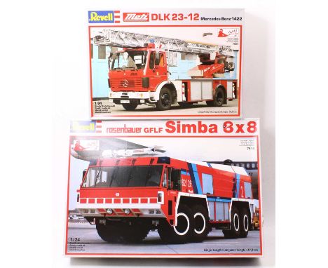 Revell 1/24 scale group of 2 boxed Fire Engine Plastic Kits to include; No.7514 Rosenbauer GFLF Simba 8X8 and a No.7504 Merce