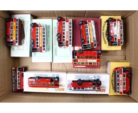 10 kit built 1:76 scale white metal and resin busses, in London Transport red and white livery, by manufactures such as RTC, 