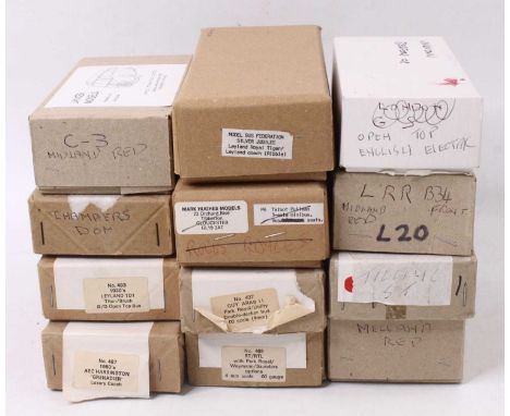 12 1:76 scale white metal and resin kits for buses, by various manufacturers, with prototypes including a Bedford OB, a Midla