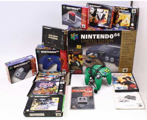 A Nintendo N64 boxed console, complete with a limited edition gold controller, and two in green, and a quantity of boxed &amp