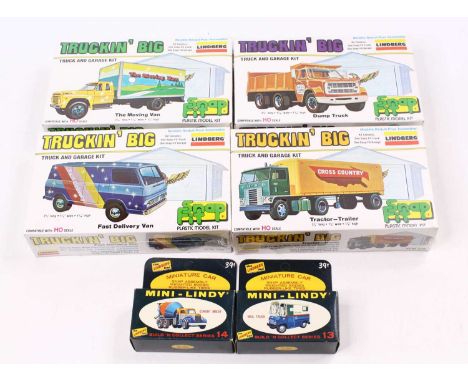 LINDBERG HO scale, Truckin Big series Snapfit inc (Double Garage) 1980 issue ex Swiss shop stock, 2148 Ford Truck &amp; Trail
