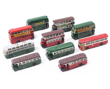 10 kit built 1:76 scale white metal and resin busses, in London Transport green and red liveries, all built and painted to a 