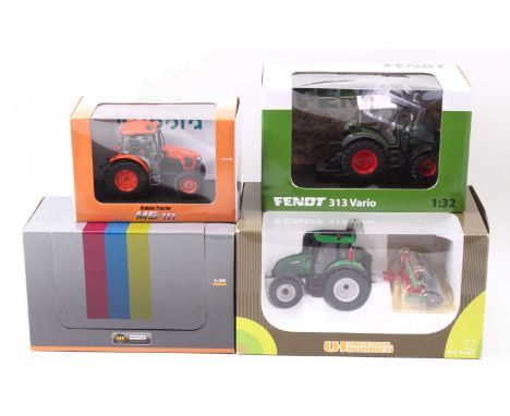 A collection of four various 1/32 scale Universal Hobbies diecast tractor and implements gift sets to include No. 7101 Valtra