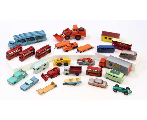 Matchbox tray containing loose and play worn diecast to include; No.23 Caravan, No.56 London Trolley bus with Peardrax livery