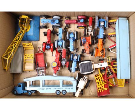 One mixed box of playworn Dinky toys and Corgi toys, mainly of farming interest, including a Dinky muck spreader, a Corgi DB 