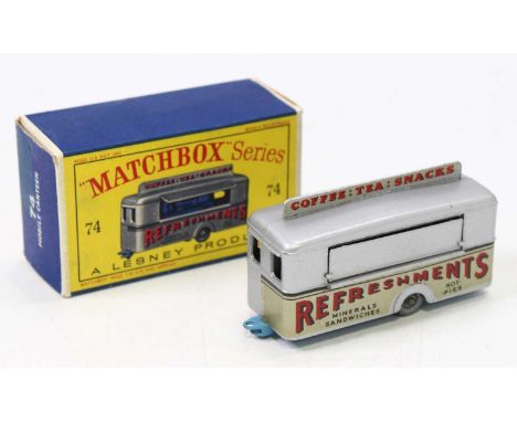 Matchbox Lesney No.74 Mobile Refreshments Canteen in silver with light blue base and livery to the side, housed in a pictoria