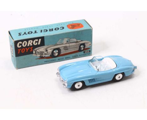 Corgi Toys No. 303 Mercedes Benz 300SL open roadster, comprising of light blue body with white interior, complete with flat s