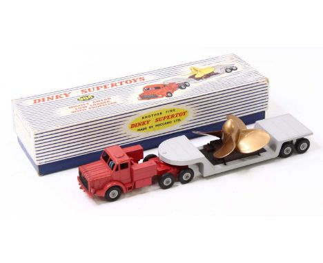 Dinky Supertoys No. 986 Mighty Antar low loader with a propeller, comprising a red tractor unit with grey low loader trailer 