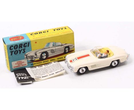 Corgi Toy No. 303S Mercedes Benz 300SL Open Roadster, white body, with yellow interior, driver figure, and spun hubs, with ra