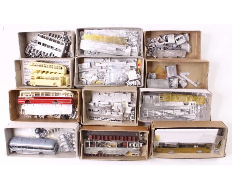 12 1:76 scale white metal and resin kits for buses, by various manufacturers, with prototypes including a Guy Arab III, a Pla