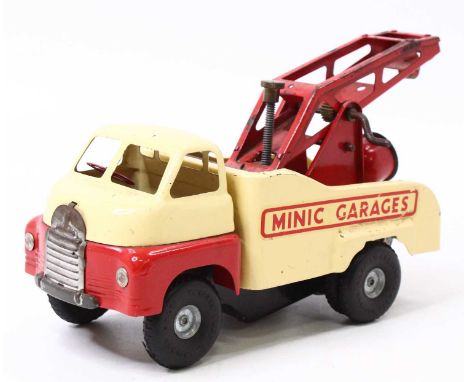 Minic No. 3 Push and Go "Minic Garages" Tow Truck, cream and red body with rear light, hook is missing, loose example