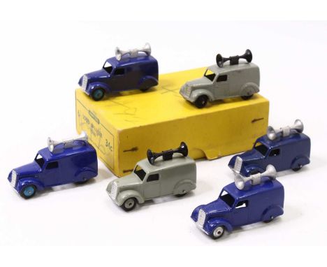 Dinky Toys Trade Box of 6 Loud Speaker Van, complete set comprising 1 grey with grey hubs, 1 grey with black hubs, 1 rich vio