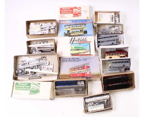 16 1:76 scale white metal and resin kits for buses and trams, by various manufacturers, with prototypes including a Blackpool