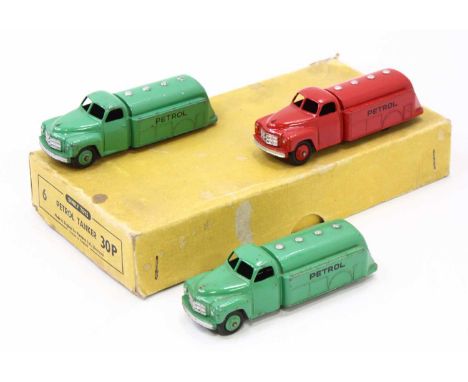 Dinky Toys trade box No. 30P Studebaker Mobil Gas tanker trade box containing 3 examples, 1 finished in red with Petrol liver