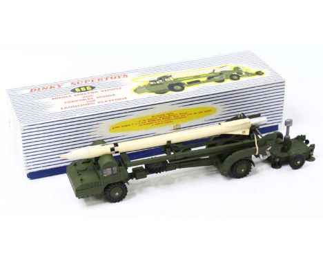 Dinky Toys, 666 Missile Erector Vehicle and Corporal Missile Launcher, green body, metal erector gears, white missile, sold i