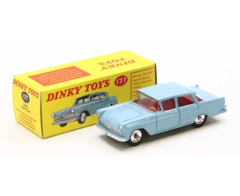 Dinky Toys, 177, Opel Kapitan, light blue body, red interior, spun hubs, in the original all card box (VG-BGVG)