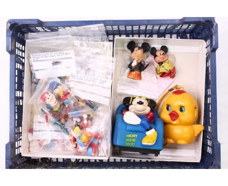 Tray containing a small quantity of loose plastic tv-related and cartoon figures including; Mickey Mouse sitting on a chair, 