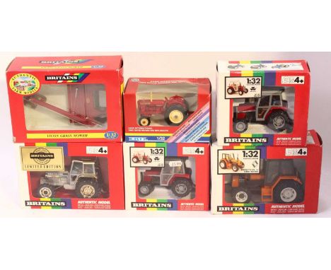 Britains 1/32 boxed farming vehicle group to include; No.9589 Grass Mower, No. 4180 Case International 1963 David Brown 990 I