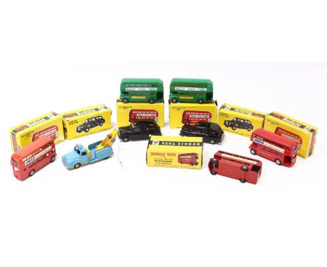 Budgie Toys group of Seven to include; No.101 London Taxi Cab (x2) No.236 Routermaster Bus with Houses of Parliament Livery (
