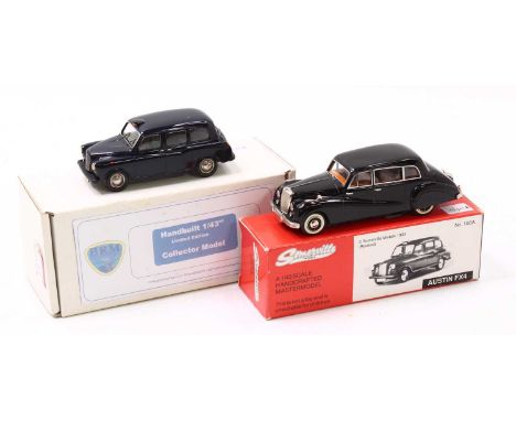 Big River/Somerville Models group of 2 white metal kit built 1/43 scale models to include; No.100A Austin FX4 in royal blue w