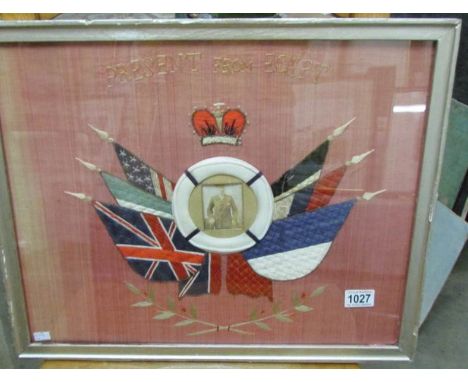 First World War memorial embroidery on sateen (silk) 'Present from Egypt' with photograph of a sailor, possibly Australian, f