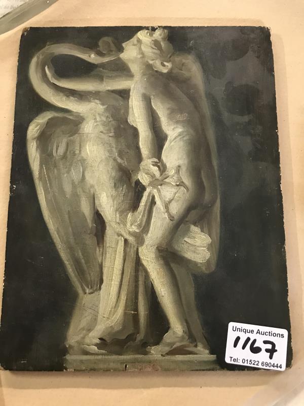 'Leda and the Swan' oil painting on wood panel, 18.5 x 24 cm and a gilt