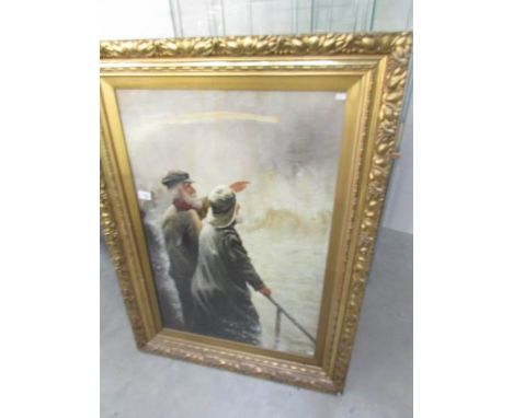 Oil on canvas seascape painting depicting lifeboat watching a sailing boat in distress, signed J A Morrison, 1920, framed and