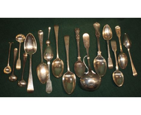A COLLECTION OF VARIOUS FLATWARE TO INCLUDE four Old English pattern dessert spoons by various makers, a fiddle and shell pat