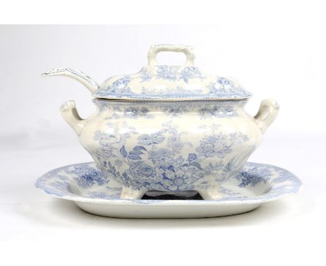 A 19TH CENTURY BLUE AND WHITE TUREEN, COVER, LADLE AND OBLONG DISH printed with exotic bird and flowering foliage, the tureen