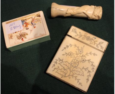 A VICTORIAN IVORY AND PIQUÉ WORK CALLING CARD CASE with inset foliate decoration, 10cm high; a carved bone walking stick hand