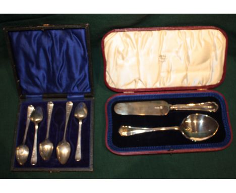 A CASED SILVER CAKE SLICE AND SPOON, London 1934 by R & W Sorley, five silver Old English pattern teaspoons, various silver a