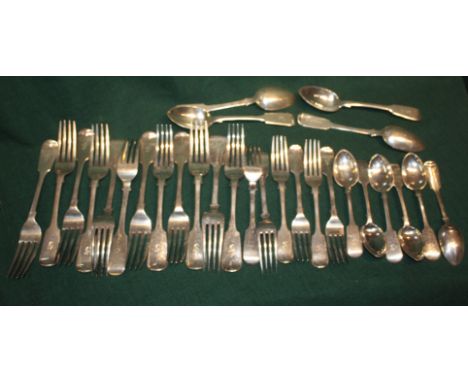 A PART CANTEEN OF FIDDLE PATTERN SILVER FLATWARE consisting of twelve table forks, six dessert forks, four dessert spoons and