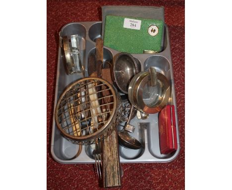 A COLLECTION TO INCLUDE mother of pearl handled fruit knives and forks, three pen knives, three spirit measures, two ashtrays