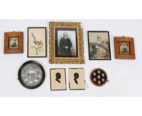 A PAIR OF 19TH CENTURY PORTRAIT SILHOUETTES painted with gentleman and female companion in maple frames, 7 x 6cm; two further