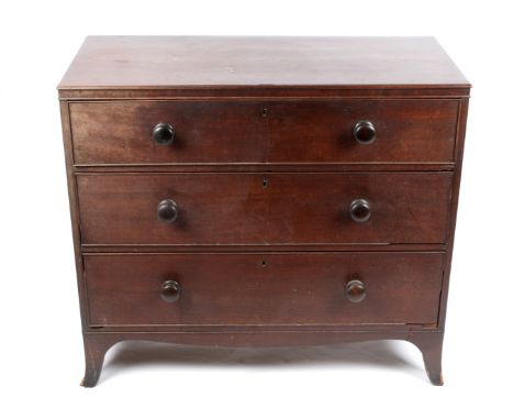 A GEORGE III MAHOGANY CHEST of three long cockbeaded drawers with knob handles and splayed bracket feet, 98cm wide