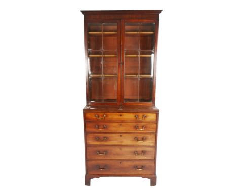 A GEORGE III MAHOGANY SECRETAIRE BOOKCASE, the top with moulded cornice and glazed doors over a secretaire drawer fitted pige