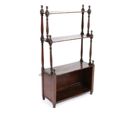 A 19TH CENTURY FOUR TIER HANGING SHELF with slender barley twist supports, 42cm wide x 78cm high